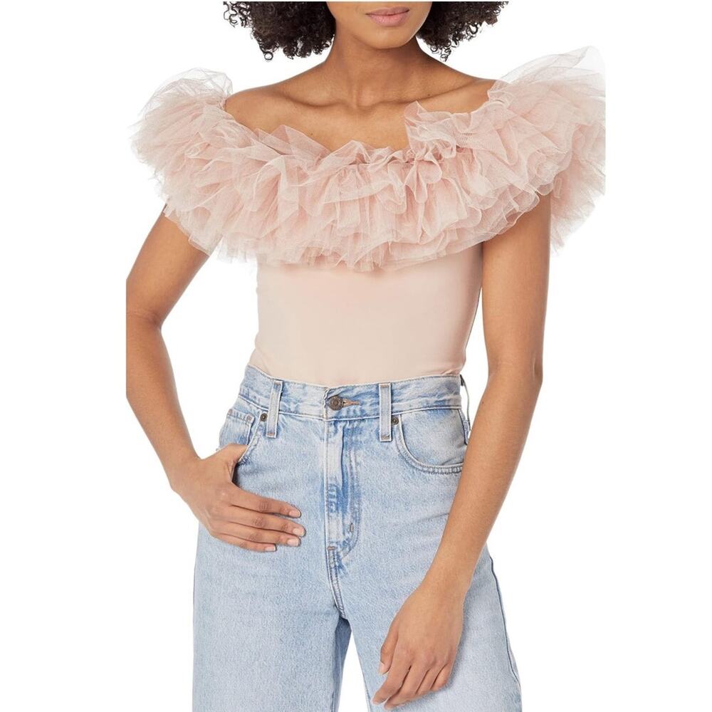 NWT Free People Big Love Pink Tutu Tulle Off the Shoulder Bodysuit Size Large